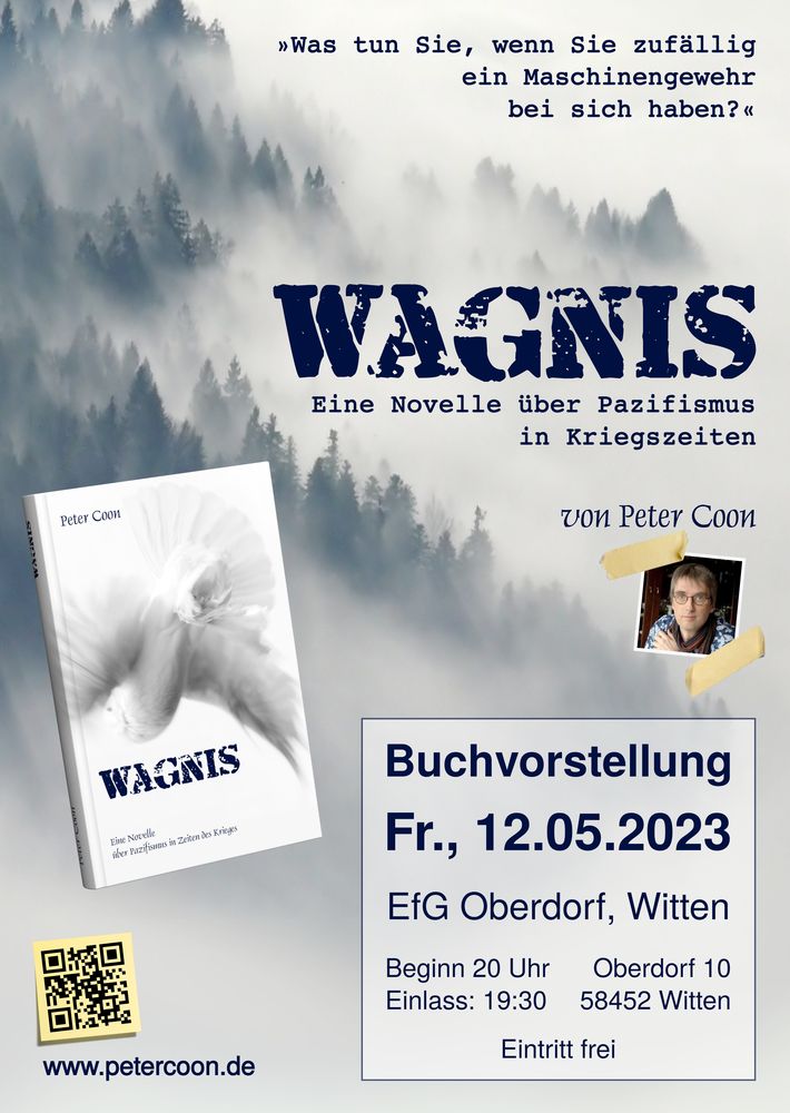 Plakat für Buchvorstellung „Wagnis – Novelle über Pazifismus in Zeiten des Krieges“